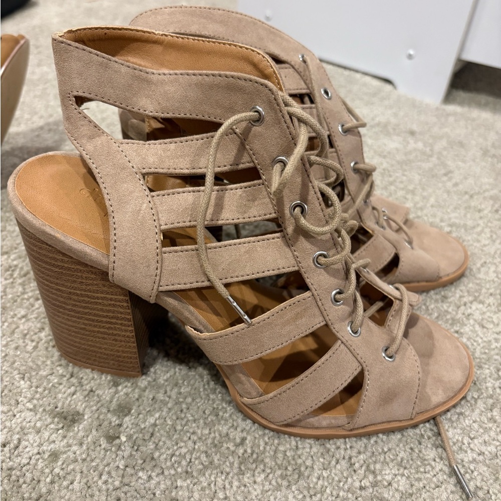 Charlotte Russe Beige Lace-Up Block Heels